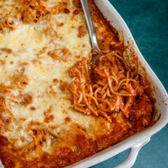 creamy spaghetti casserole in a baking dish