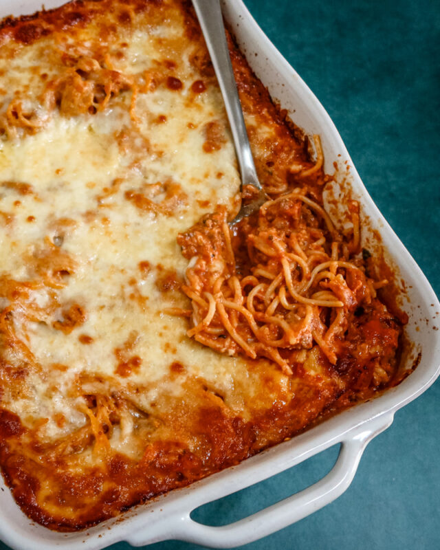 creamy spaghetti casserole in a baking dish