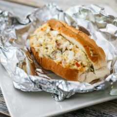 A warm baked tuna bun with chopped egg and mayo.