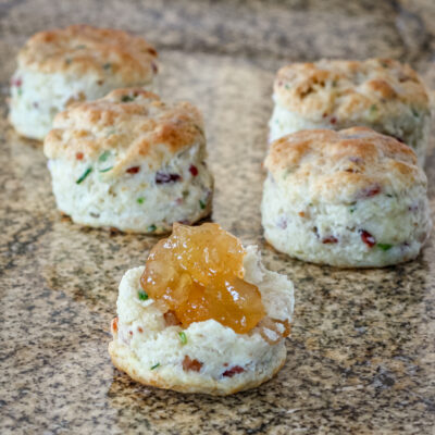 Bacon and chive biscuits with jam