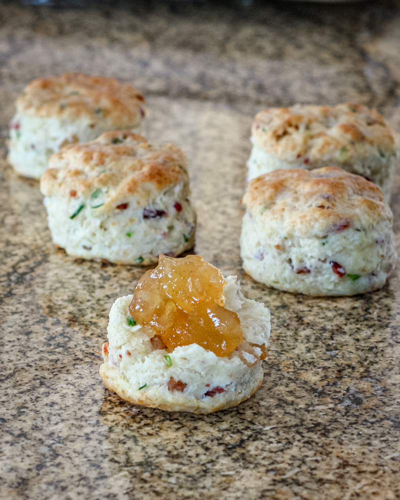 Bacon and chive biscuits with jam