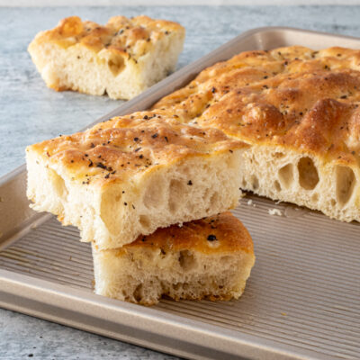 airy bead machine focaccia in a sheet pan