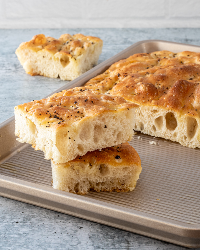 airy bead machine focaccia in a sheet pan