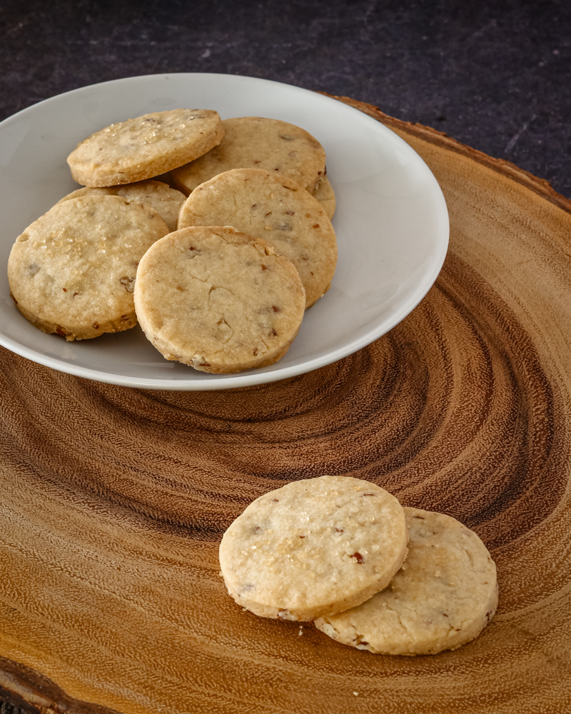 butter pecan shortbread cookies on a plate