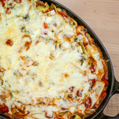 cabbage casserole with sausage in a staub baking dish