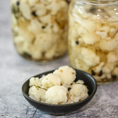 Jars of cauliflower pickles.