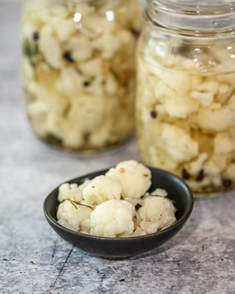 Jars of cauliflower pickles.