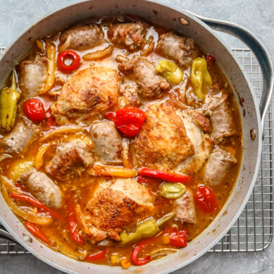 Chicken scarpariello with chicken thighs, sausages, and peppers