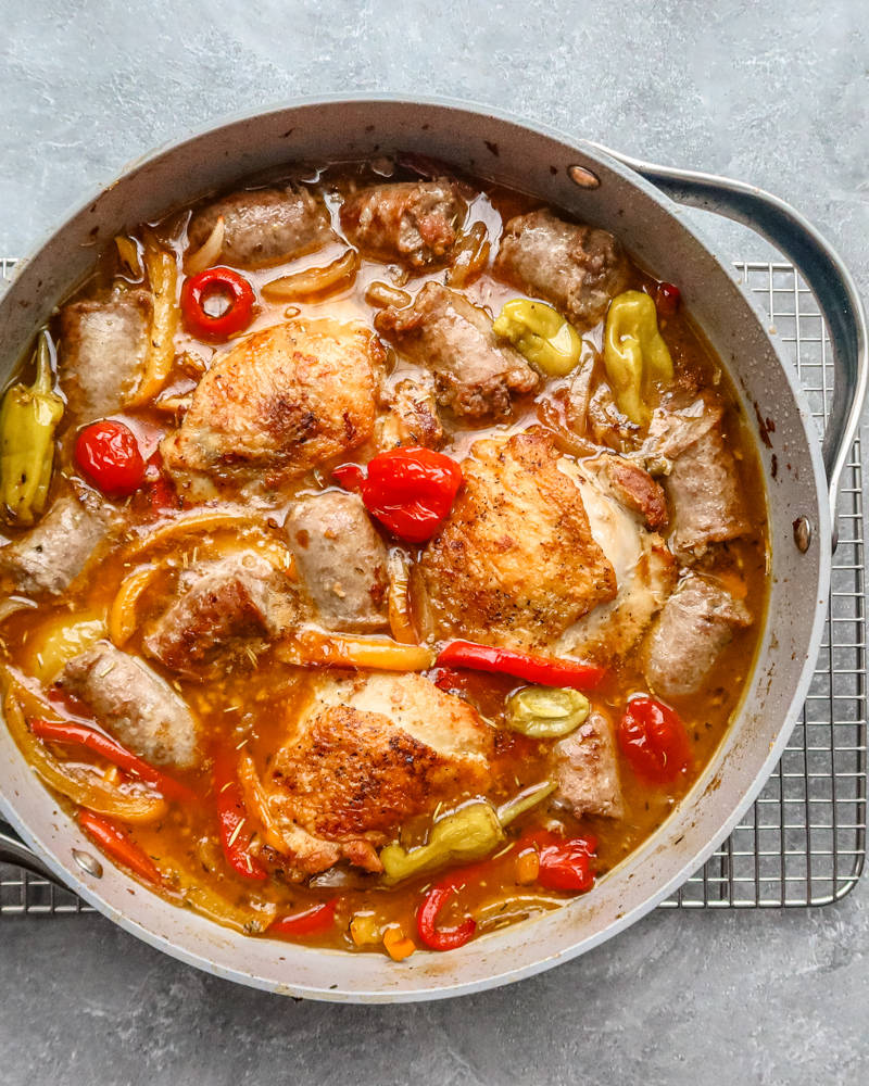 Chicken scarpariello with chicken thighs, sausages, and peppers