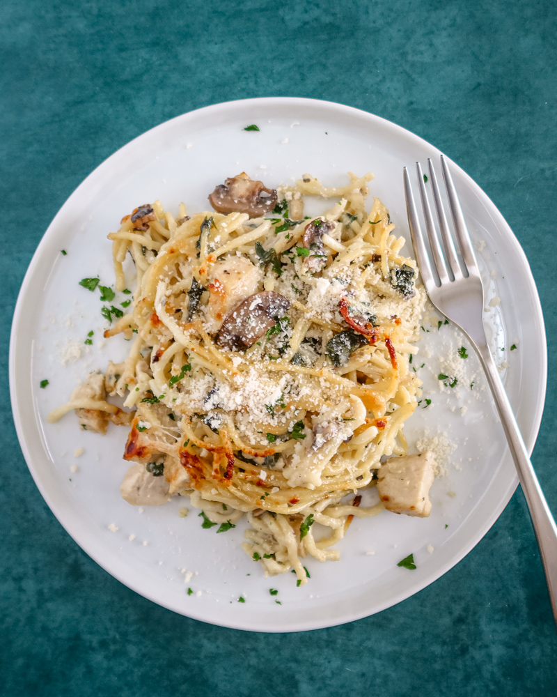 chicken tetrazzini serving on a plate with fork