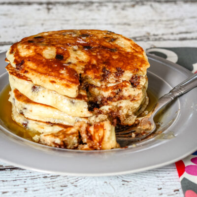 chocolate chip pancakes with butter and syrup