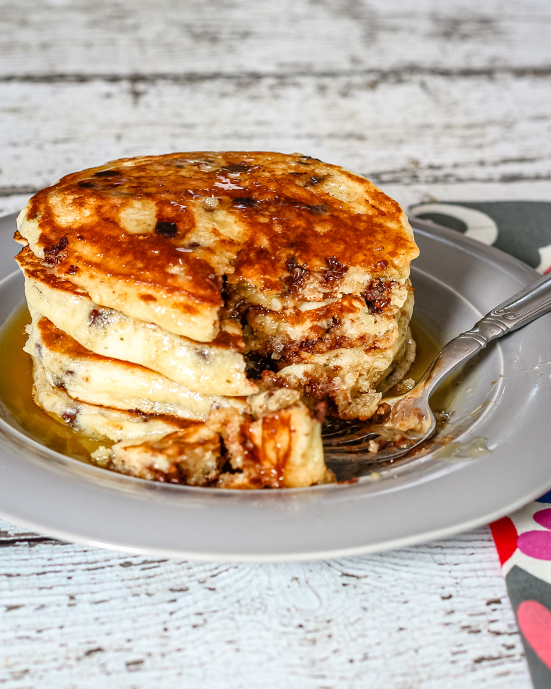 chocolate chip pancakes with butter and syrup