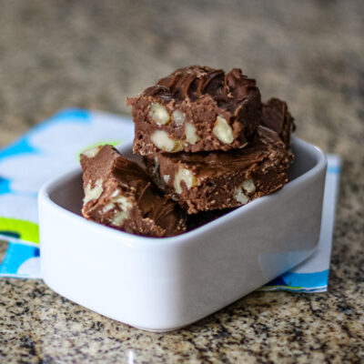 chocolate hazelnut fudge in a rectangular container