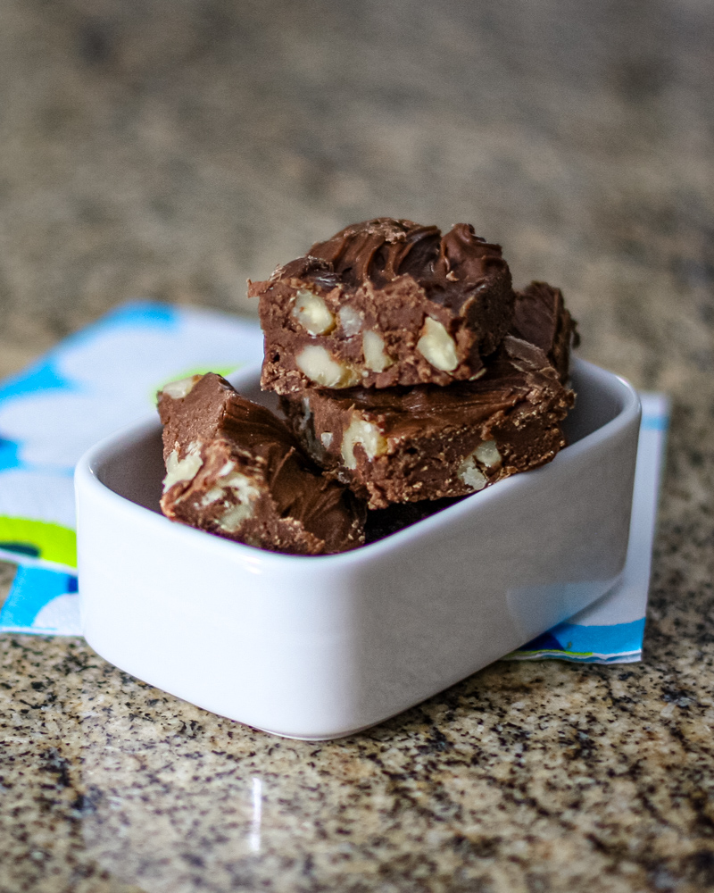 chocolate hazelnut fudge in a rectangular container