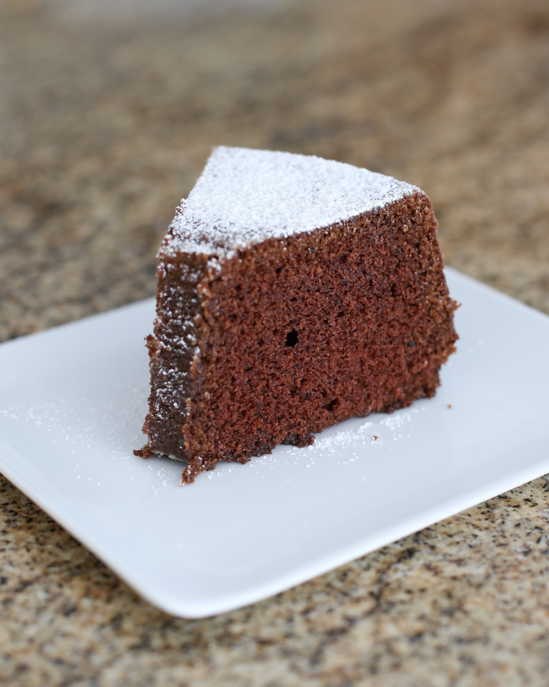 Chocolate sponge cake sliced and dusted with powdered sugar in close-up.