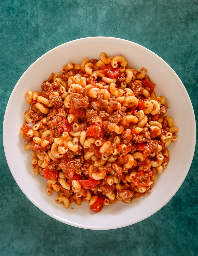 American chop suey in a large bowl, overhead shot.