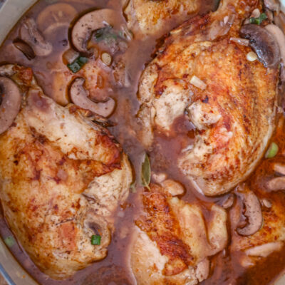 Dutch oven with coq au vin.
