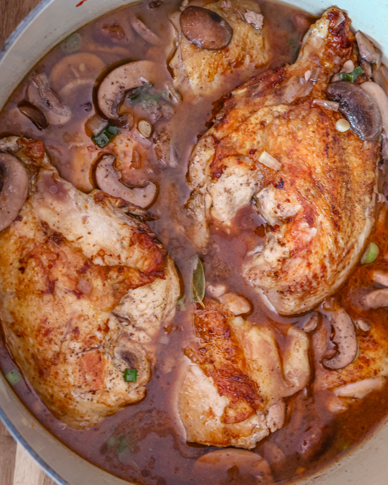 Dutch oven with coq au vin.