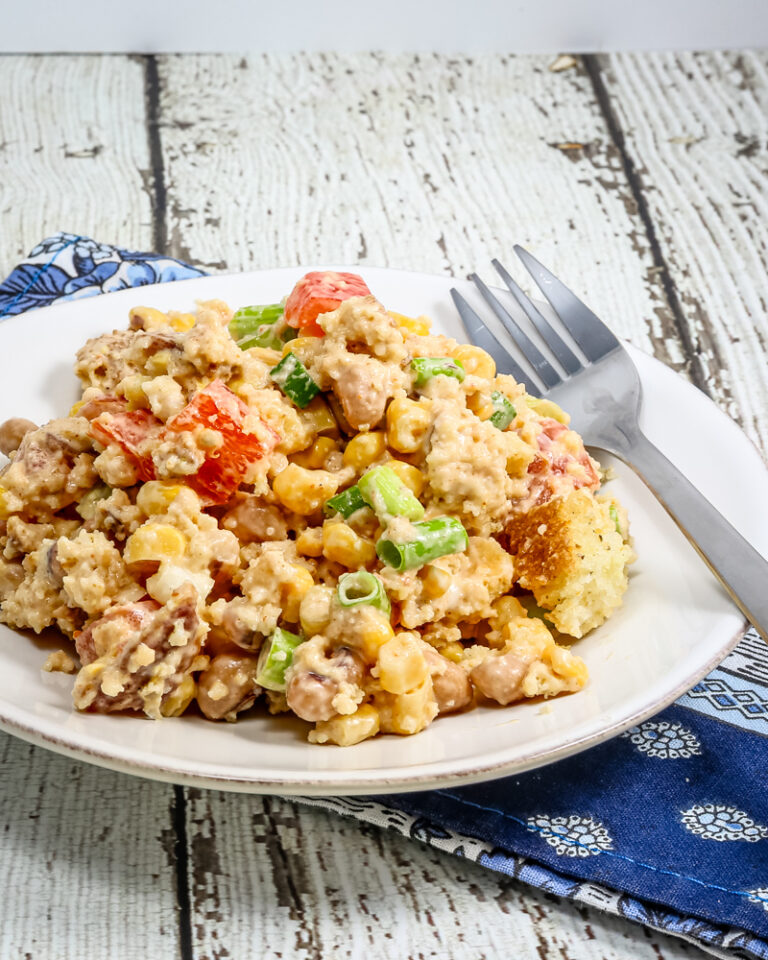 cornbread salad with tomatoes, pinto beans, and corn