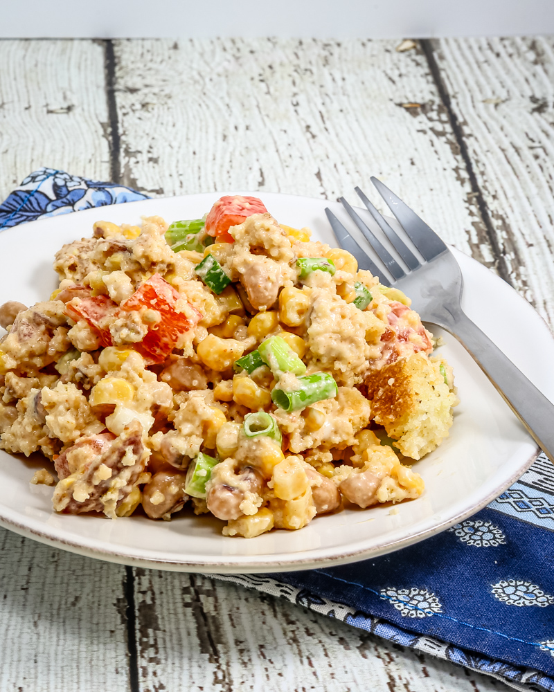 cornbread salad with tomatoes, pinto beans, and corn