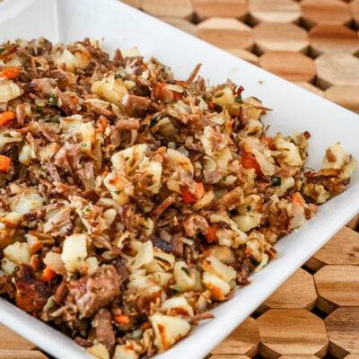 corned beef hash in a serving bowl.