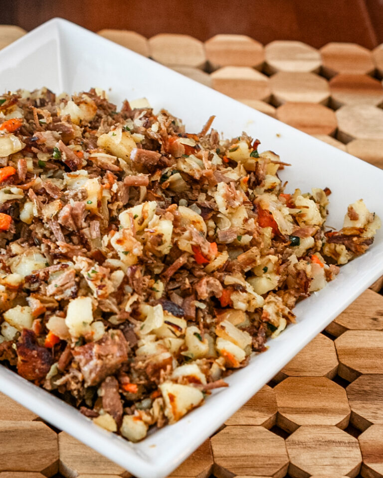 corned beef hash in a serving bowl.