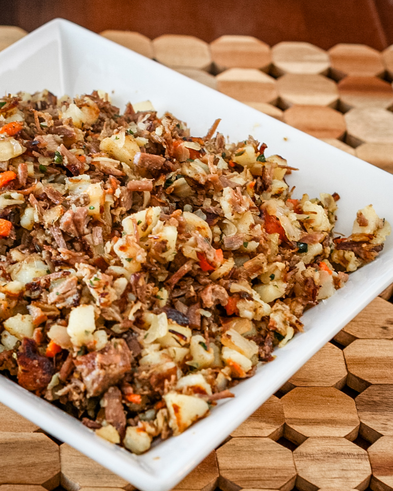 corned beef hash in a serving bowl.