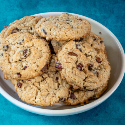cowboy cookies in a bowl, overhead