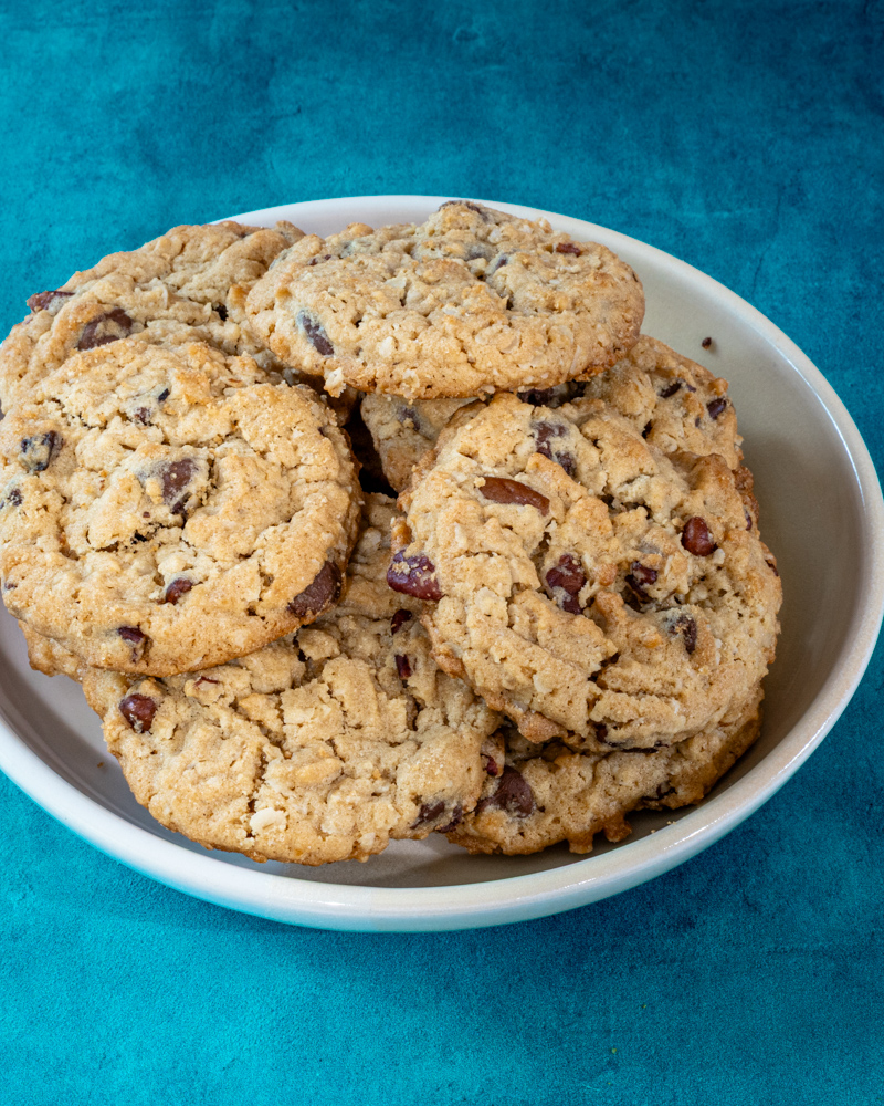 cowboy cookies in a bowl, overhead