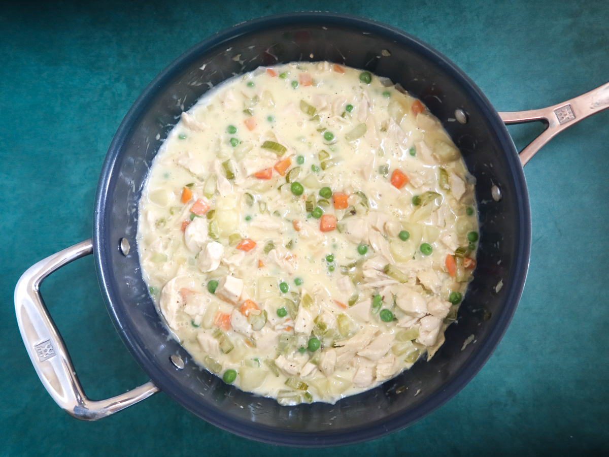 chicken pot pie filling in the skillet