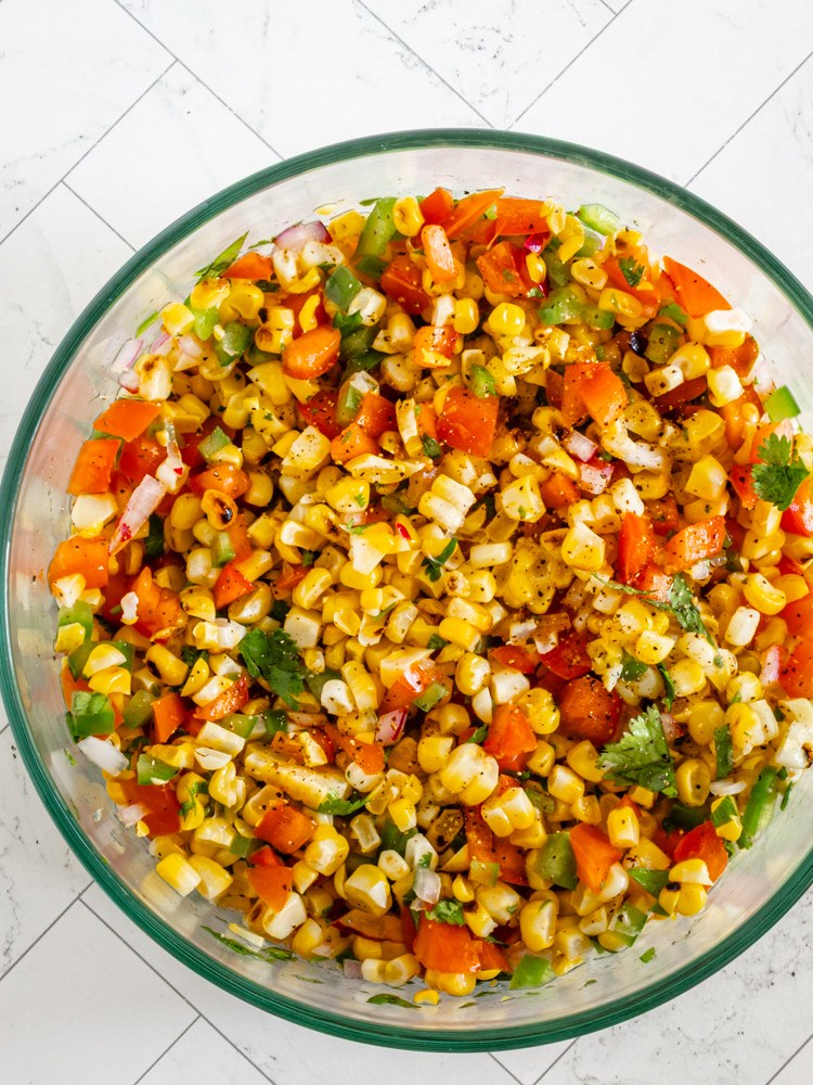 Grilled corn salsa in a bowl.
