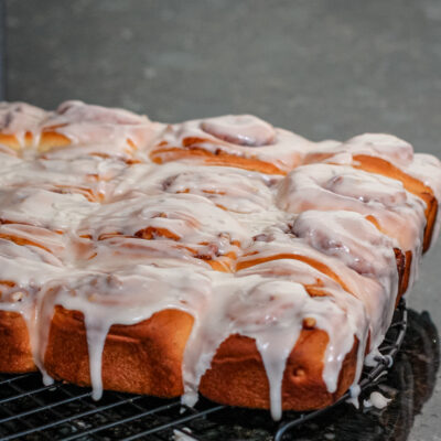 Iced cinnamon rolls, freshly baked.