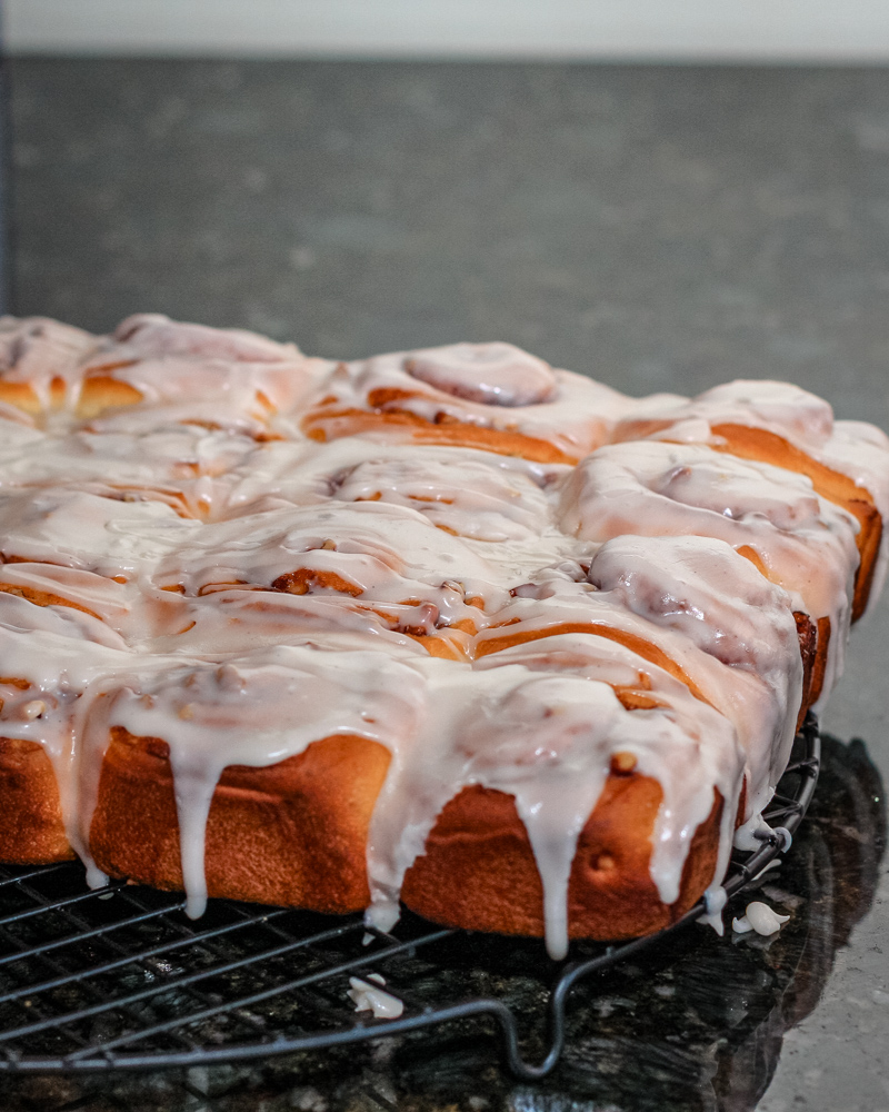 Iced cinnamon rolls, freshly baked.
