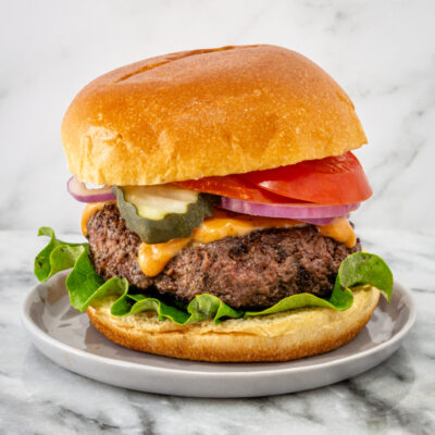 A mozzarella burger with toppings on a brioche bun.