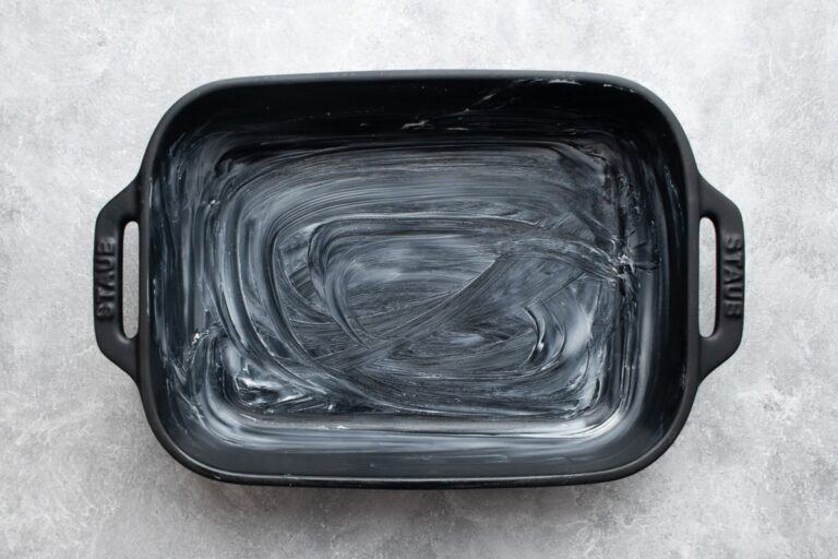 Buttered baking dish for a casserole.