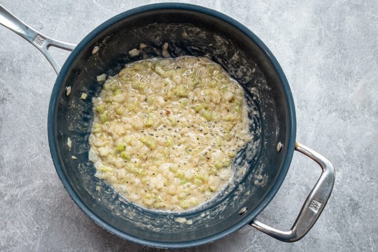 Roux preparation in the skillet with the onion and celery, for a tater tot casserole.