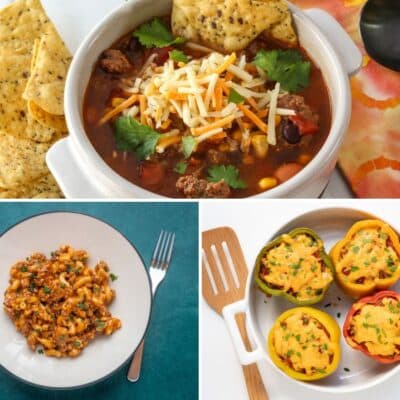 Three images of ground beef favorites, including taco soup, cheeseburger mac, and stuffed peppers.