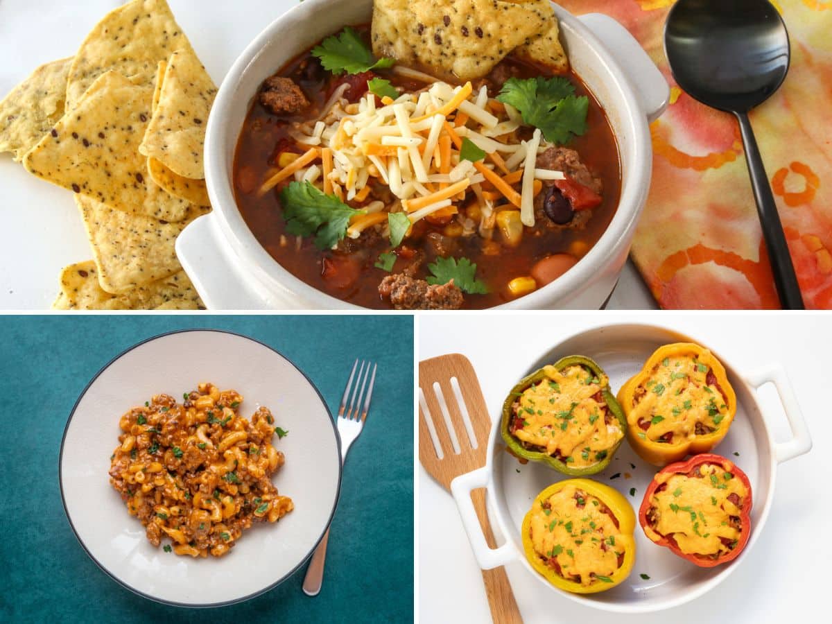 Three images of ground beef favorites, including taco soup, cheeseburger mac, and stuffed peppers.