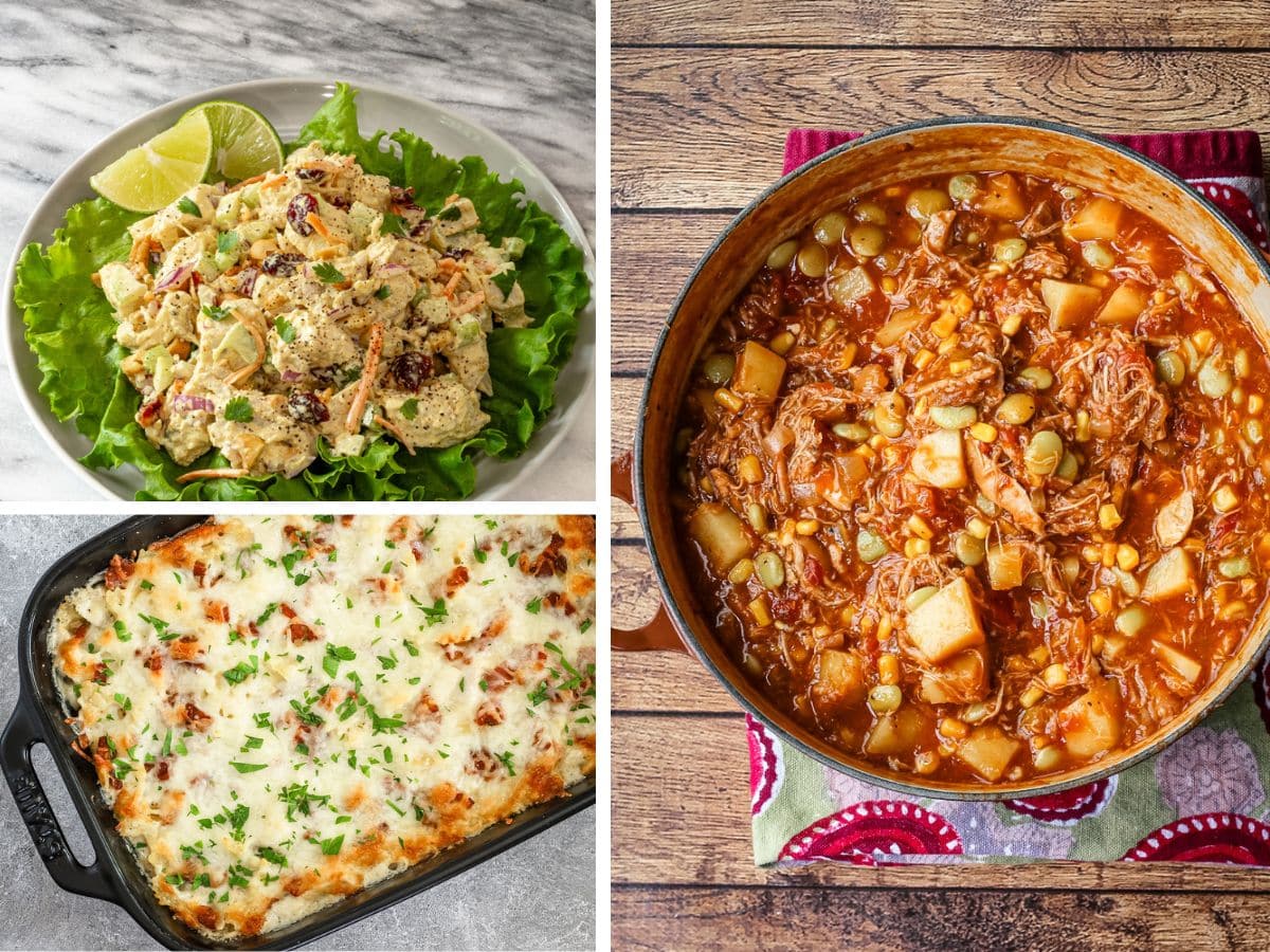 Three dishes made with a rotisserie chicken.