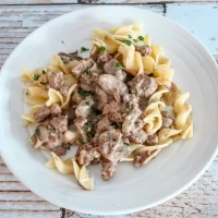 Creamy beef and mushroom stroganoff over egg noodles on a white plate.