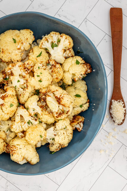 Air fryer roasted caulilflower with Parmesan cheese.