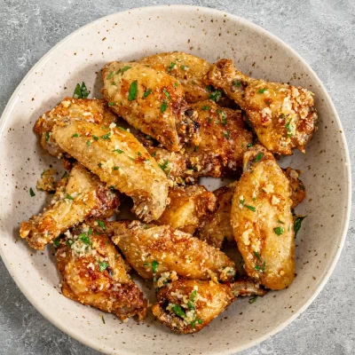 Crispy baked chicken wings garnished with chopped herbs and garlic crumbs.