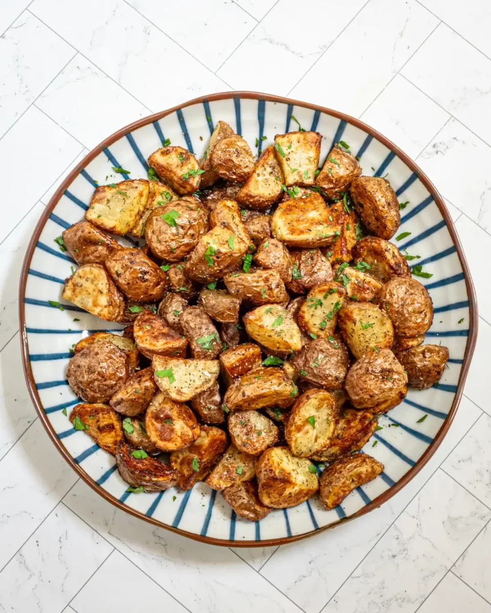 Roasted diced potatoes with herbs and seasoning.