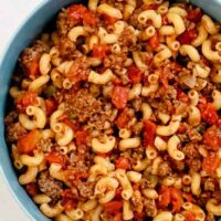A big serving bowl of American chop suey.