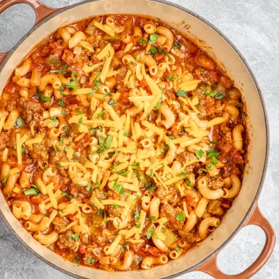 Creamy pasta bake with ground beef and cheese topping.