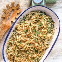 Pasta with anchovy butter in a serving dish, ready to enjoy.