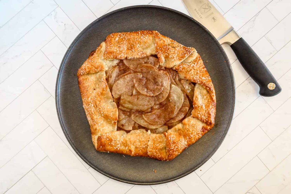 Baked apple galette with is ready to slice and enjoy.