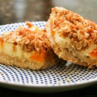 oat crumb-topped apricot cheesecake bars on a dessert plate.
