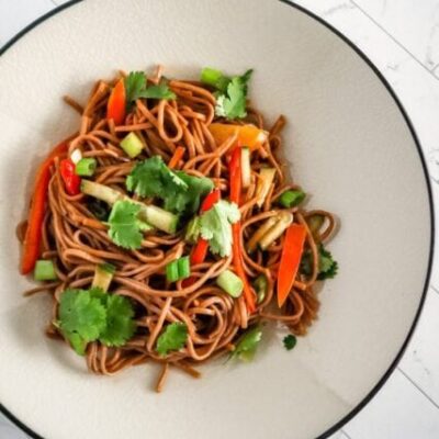 A serving of noodle salad with Asian flavors