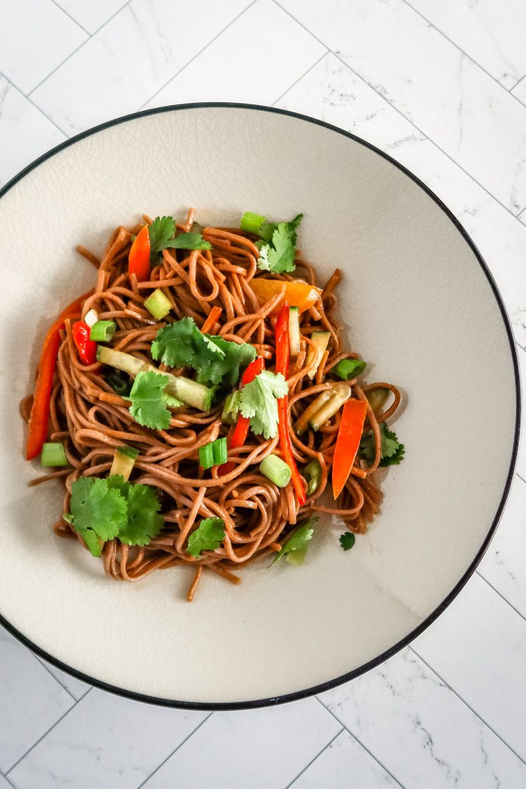 A serving of noodle salad with Asian flavors